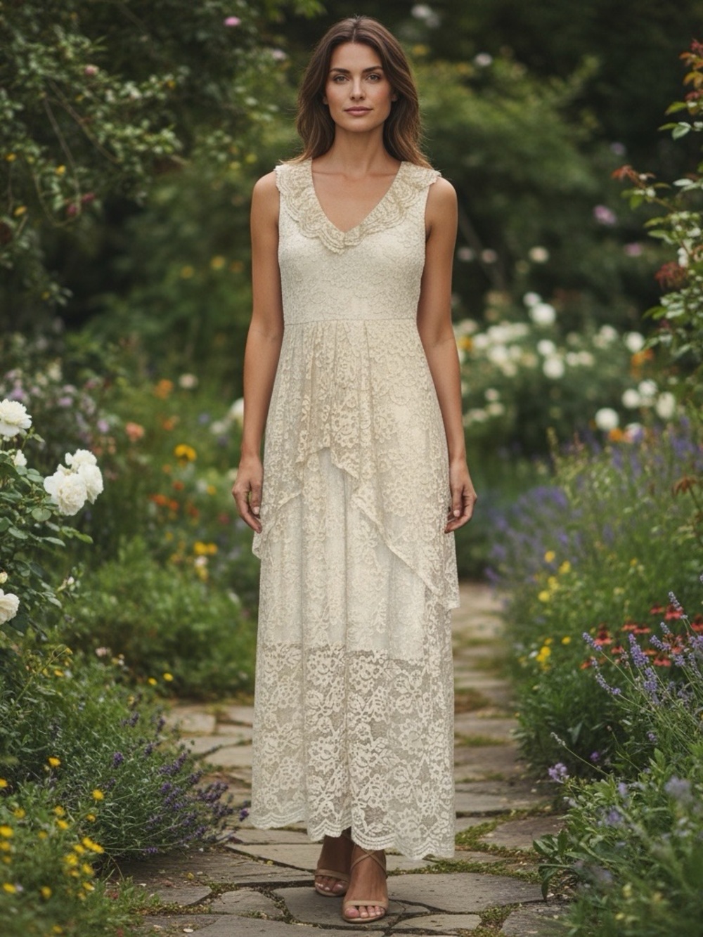 Women’s Sleeveless Lace Maxi Dress Cream Color Tiered Ruffles Lined Size S NEW
